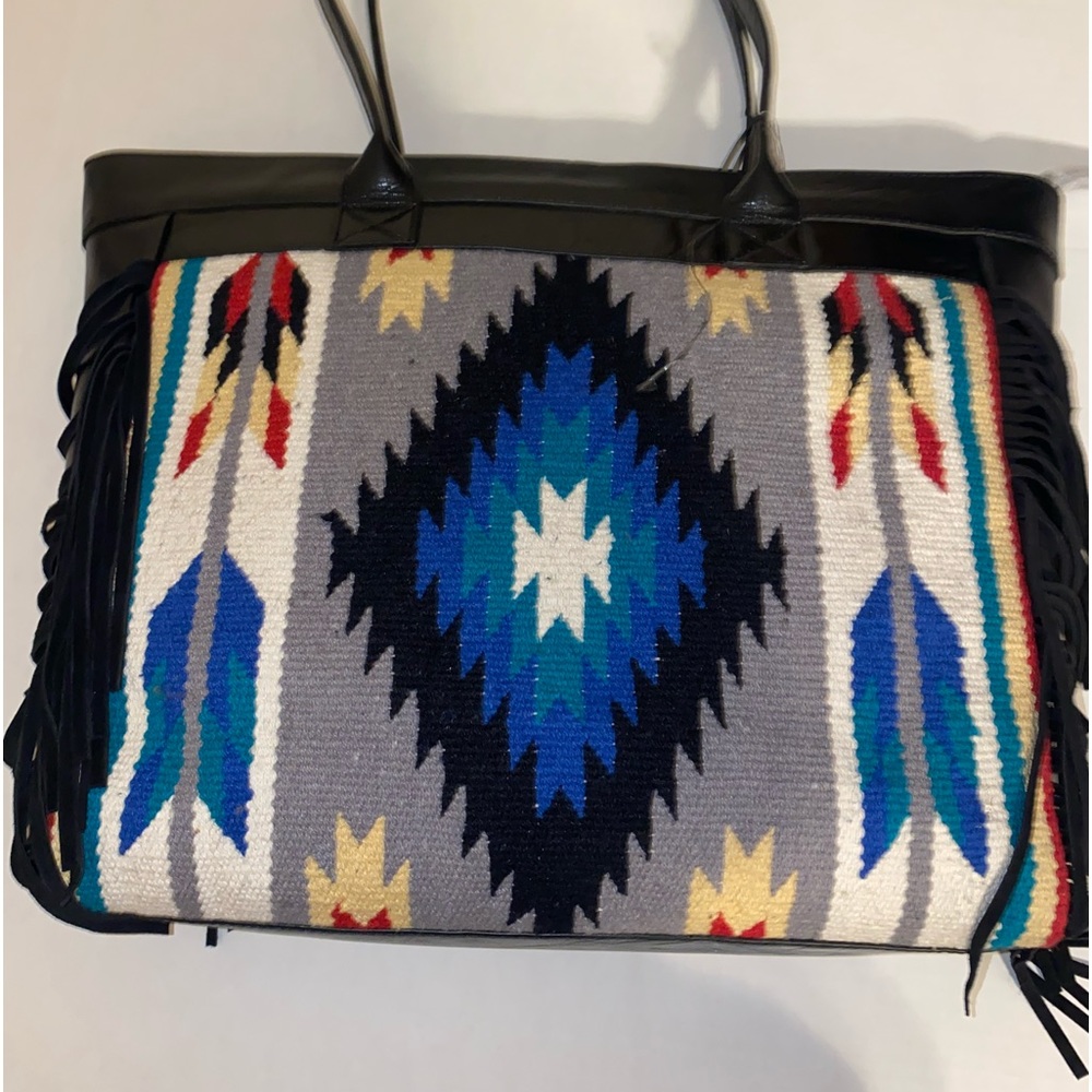 ECOTORIE BLEU SOUTHWEST INDIGENOUS BLANKET IN BLUE AND BLACK LEATHER HANDBAG NWT
